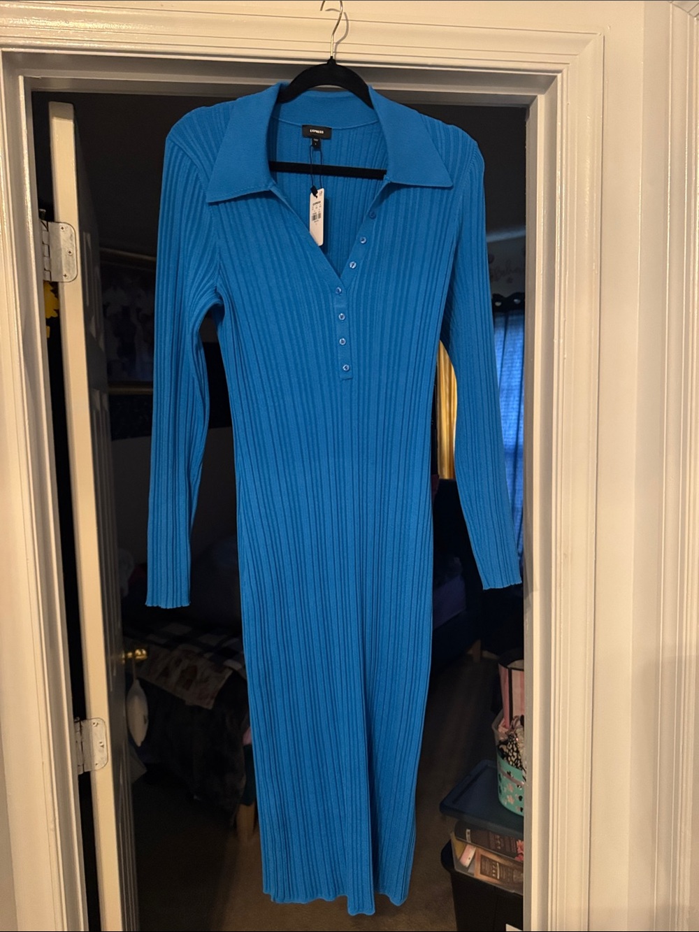 Express Ribbed Polo Midi Dress in Bright Blue